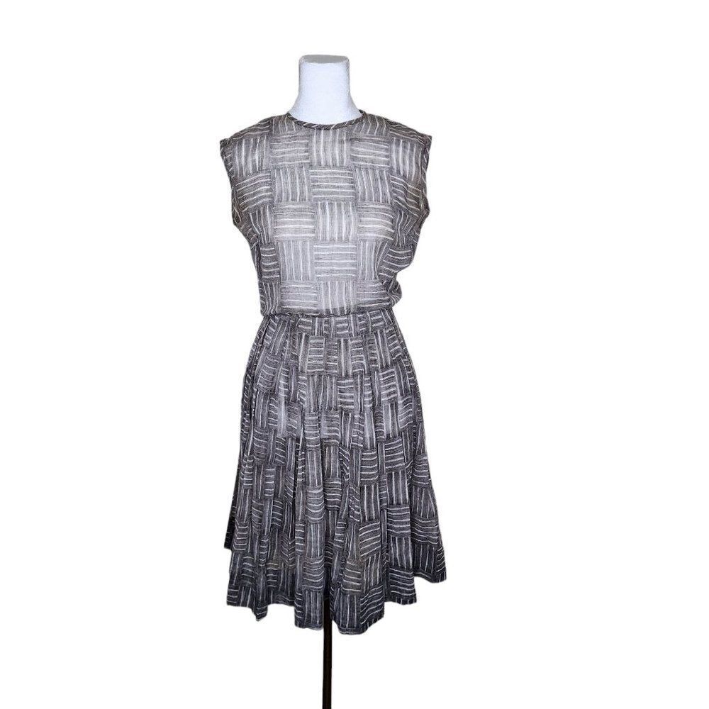 Vintage 50s Sheer Fit & Flare Dress Womens Size S Gray Pleated Sleeveless Pinup